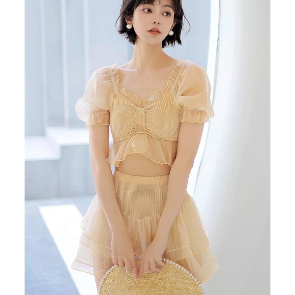 『セール実施中』※このアイテムは返品・交換対象外商品です。ZOZO問い合わせ番号:75686674ショップ:OSYAREVO，オシャレボブランド:OSYAREVO，オシャレボ商品名:チュール×フリル パフスリーブ セットアップ ビキニ 水着...