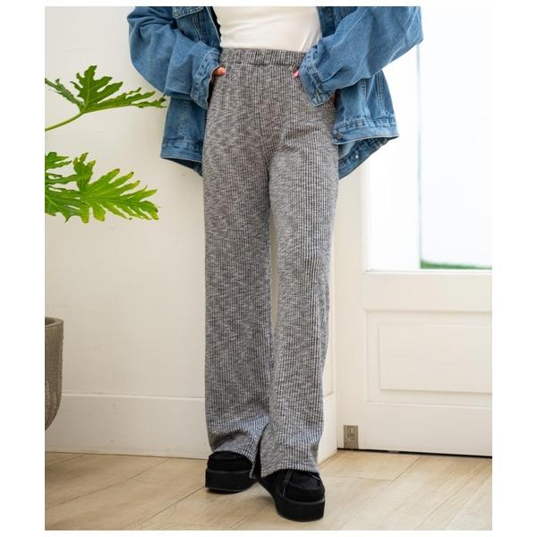 ワイドパンツ パンツ 杢ニットソーユッタリストレートリブパンツ レディース