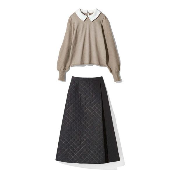 『セール実施中』ZOZO問い合わせ番号:78948943ショップ:FELISSIMO，フェリシモブランド:IEDIT，イディット商品名:ＩＥＤＩＴ　衿つき上品ニット＆キルティングスカートの着映えセットアップ〈ベージュ×ブラック〉カテゴリ:ジ...