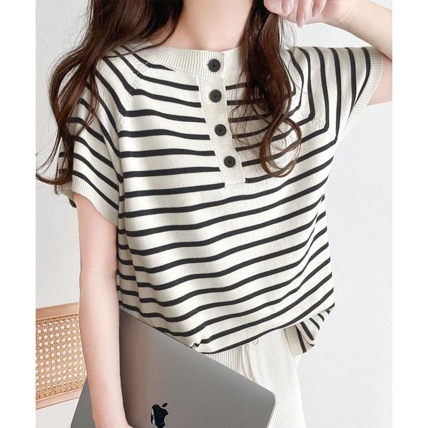 tシャツ 大人の上品ボーダー。前後2wayヘンリーネックボーダーラグランニット レディース