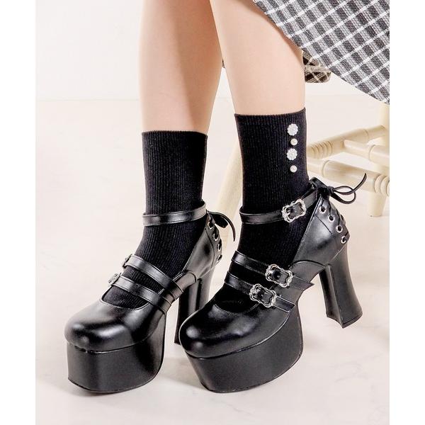 パンプス 歩きやすい LOVEHUNTER/軽量厚底 11.5cmチャンキーヒール バックリボンストラップパンプス(1645)