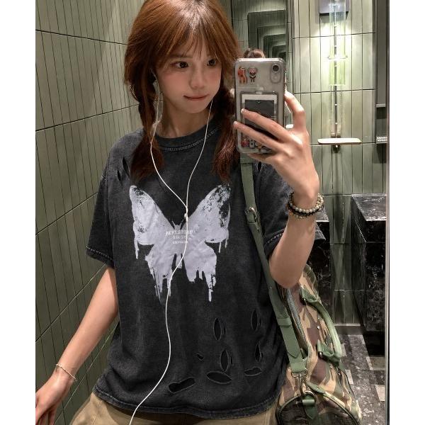tシャツ 半袖 タイガー スカル 髑髏 プリントダメージ加工 y2k 韓国 ストリート 古着風 ピグメント 半袖 Tシャツ レディース メンズ