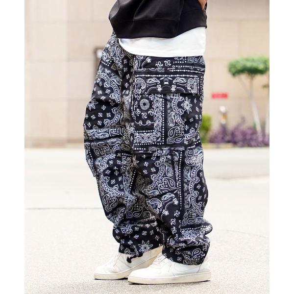 ワイドパンツ カーゴパンツ 「unisex」ブラックペイズリー ワイドカーゴパンツ / Black Paisley Wide Cargo Pants メンズ レディース