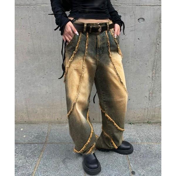 ジーンズ デニム デニムパンツ 韓国ファッション Y2K ウェーブ切り替えフリンジデザインワイドデニムパンツ レディース