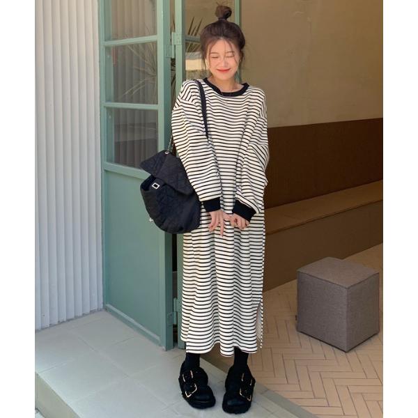 ワンピース ボーダーサイドスリットマキシワンピ
