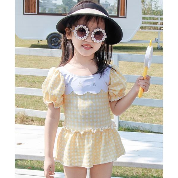 ※このアイテムは返品・交換対象外商品です。ZOZO問い合わせ番号:82744299ショップ:TeddyShop，テディショップブランド:TeddyShop，テディショップ商品名:キッズ水着 ぽわん袖ギンガムチェック柄ワンピ風オールインワンス...