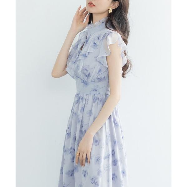 ワンピース 花柄シフォン生地ミモレ丈ワンピース