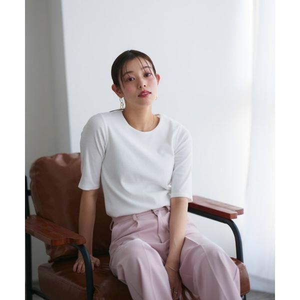 tシャツ クルーネック5分袖テレコリブカットソー レディース