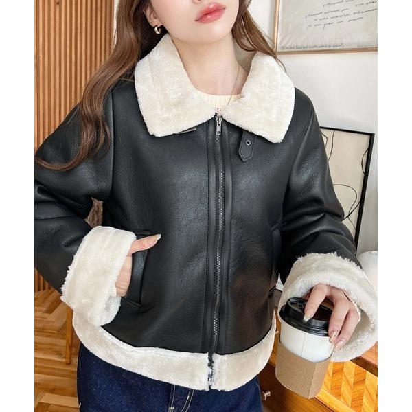 『タイムセール実施中』ZOZO問い合わせ番号:84238496ショップ:moment+，モーメントプラスブランド:moment+，モーメントプラス商品名:フェイクレザー×フェイクファームートンショートブルゾンカテゴリ:ジャケット/アウター&...