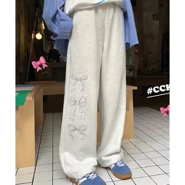 スウェットパンツ ジャージ リボン グラフィック プリント シンプル トレーナー ワイド スウェットパンツ レディース メンズ