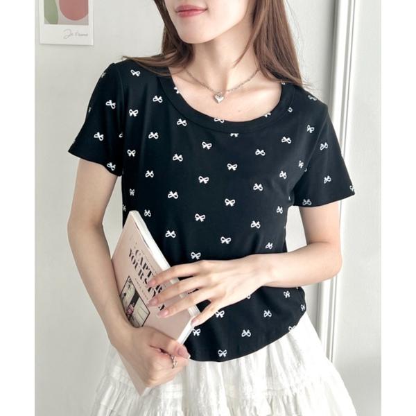 tシャツ 半袖 プチリボンプリントTシャツ レディース