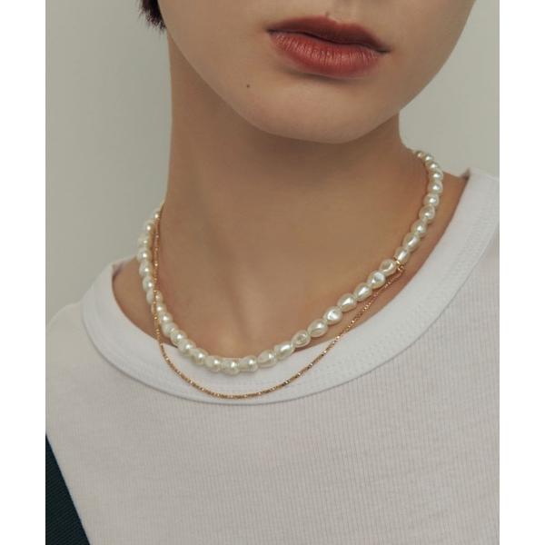 ネックレス グラス パール × チェーン アシンメトリー ネックレス レディース