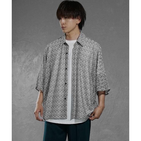 シャツ 半袖 「MinoriTY」ジグザグ柄エアリーシアーシャツ メッシュトップス 透かし編み メンズ オーバーサイズ ビッグシルエット ルーズフィット 夏服