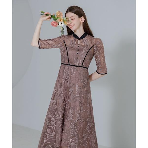 『セール実施中』ZOZO問い合わせ番号:85293754ショップ:Leja，レジャブランド:Leja，レジャ商品名:【LEJA】花柄刺繍レースチュールパフスリーブウエストマークプチハイネックAラインワンピースロングドレス美脚効果結婚式 パー...