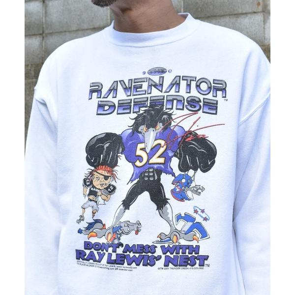 トレーナー スウェット 「ヴィンテージ古着」00's Baltimore Ravens / ボルチモア・レイブンズ RAY LEWS プリント スウェット USA製 メンズ レディース
