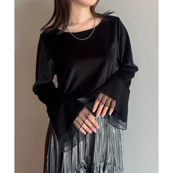 tシャツ フレア袖チュールベロアプルオーバー レディース