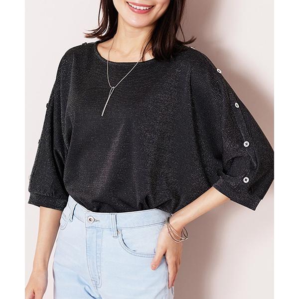 tシャツ 半袖 ラメ調肩ボタンデザインプルオーバー レディース
