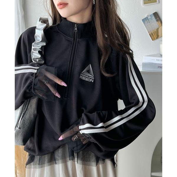 tシャツ スポーティ×ガーリーな1軍トップス。ワンポイント胸刺繍チュールコンビハーフジップアノラックプルオーバー レディース