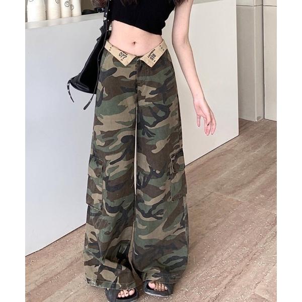 ワイドパンツ カーゴパンツ 折り返しウエスト迷彩柄カーゴパンツ レディース