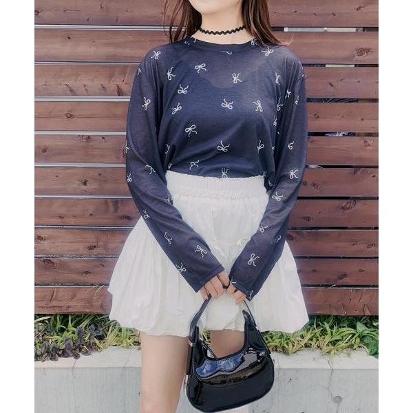 tシャツ メニーリボンプリントシアートップス レディース