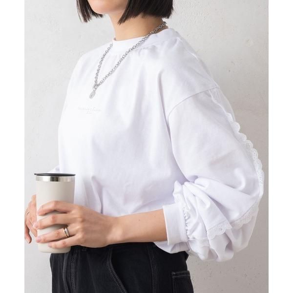 tシャツ 「別注」marie claire bis/マリ・クレール ビス ブランド ロゴ ワンポイントレース付き ボリューム袖 長袖 Tシャツ ロンT レディース
