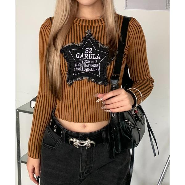 tシャツ フリンジスターモチーフ クラッシュ ワッペン リブニットダメージトップス レディース