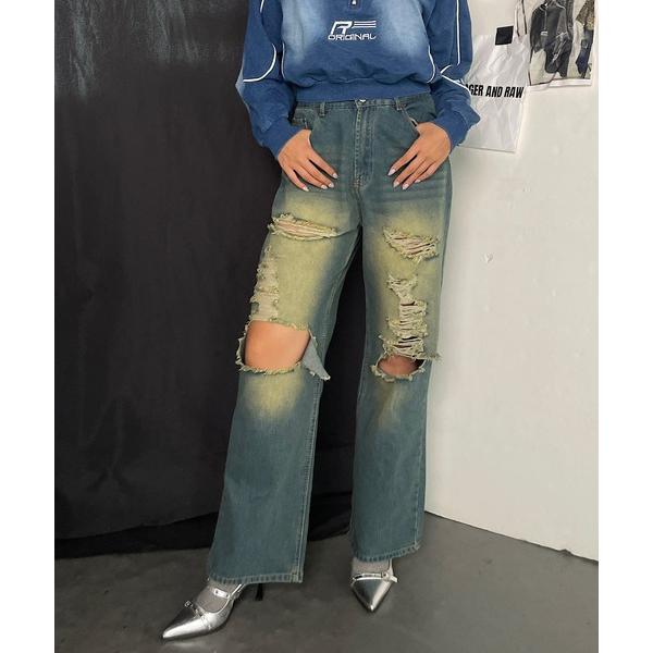 ワイドパンツ ジーンズ デニム デニムパンツ ダメージワイドパンツ レディース