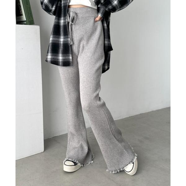 パンツ フリルレースリブニットパンツ レディース