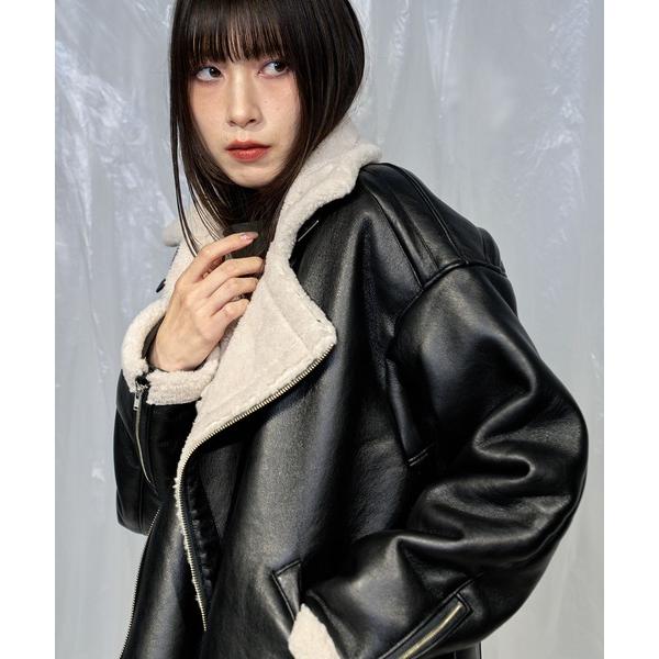 ムートンジャケット ムートンコート 「Nora Lily」Boa Fake Leather Over Size Flight Jacket