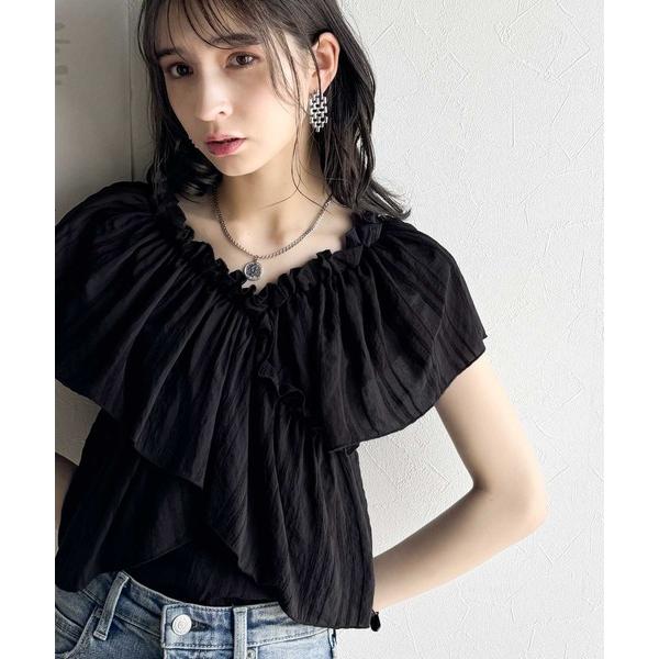 ブラウス シャツ 夏 半袖 大人ガーリーに見せる。2wayオフショルフリルデザインシアーブラウス レディース
