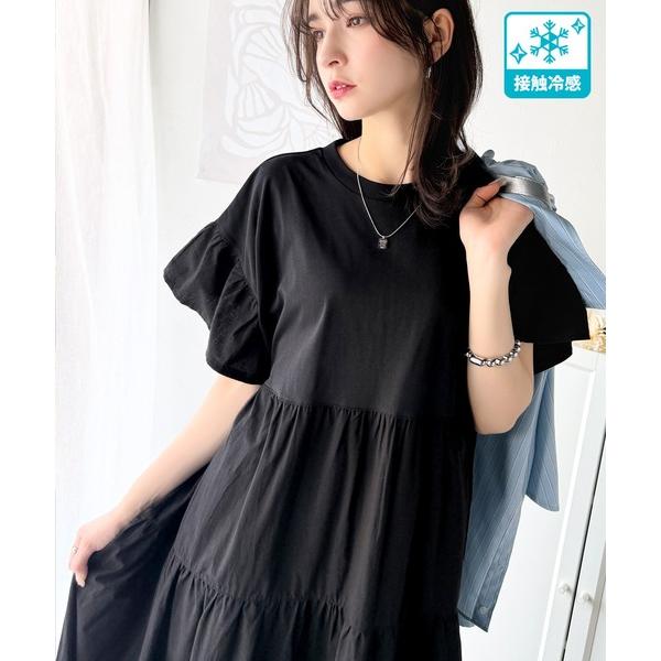 ワンピース 接触冷感♪涼しげフリルで夏の装い。布帛ドッキング袖フリルティアードオーバーサイズワンピース(ロング丈)