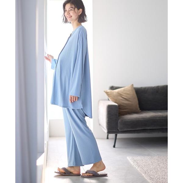 マタニティ ランダムリブ長袖パジャマ(産前・産後対応 マタニティ＆授乳服 ルームウェア 上下セット)