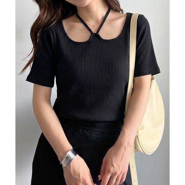 tシャツ 半袖 バックリボンホルターネックリブトップス レディース