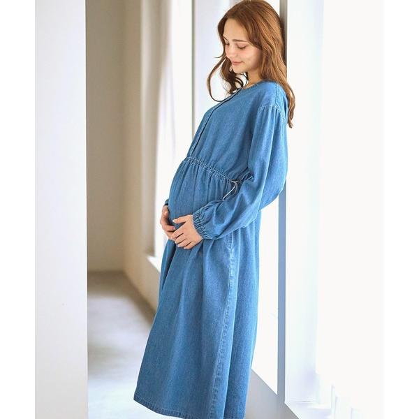 マタニティ ドローコード付きデニムワンピース（マタニティ/授乳服）授乳口付き 授乳楽々 妊婦服 産前・産後対応
