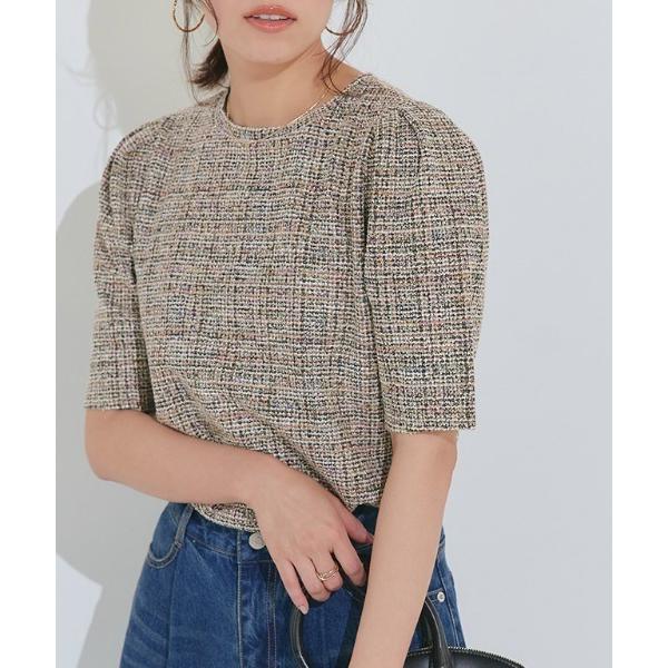 tシャツ 半袖 ツイードパフスリーブカットソー レディース