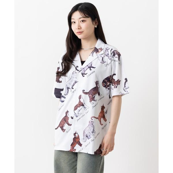 ブラウス シャツ 半袖 Purr Purr　ルーズシルエット 猫総柄 とろみ 半袖シャツ レディース メンズ