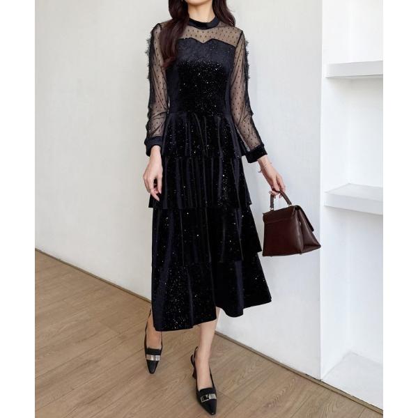 『タイムセール実施中』ZOZO問い合わせ番号:92499289ショップ:Ada.，エイダブランド:COCOMOMO，ココモモ商品名:煌めくラメとベロアのグロウドレス ベロアワンピース ラメ ティアード ベロア ドレス シアースリーブ 刺繍 ...