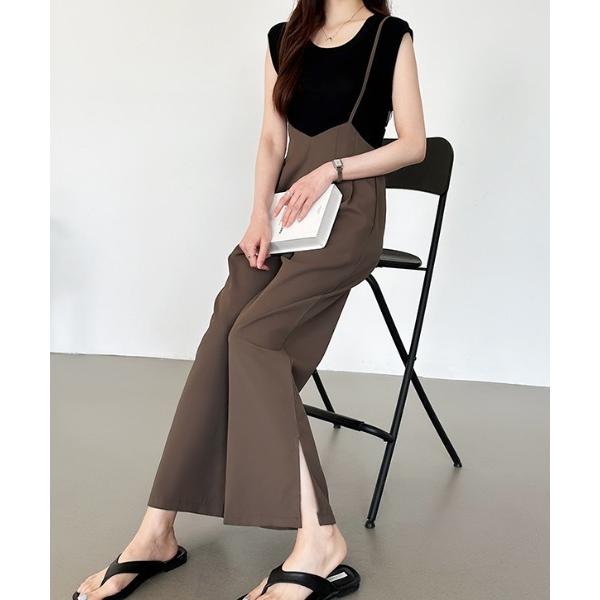 サロペット オーバーオール 「4色展開」 サロペットパンツ サイドスリット タック入り ワイドパンツ レディース