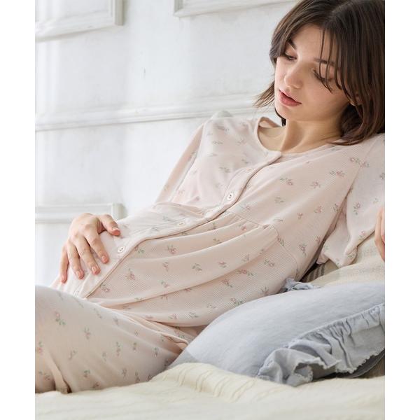 マタニティ ストレッチリブ小花柄パジャマ(産前・産後対応 マタニティ＆授乳服 ルームウェア 上下セット)
