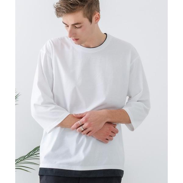 スマホショルダー tシャツ 「汗染みの目立ちにくいTシャツ ZEROSTAIN/ゼロステイン」フェイクレイヤード ビッグシルエット キーネック クルーネック 7分袖…
