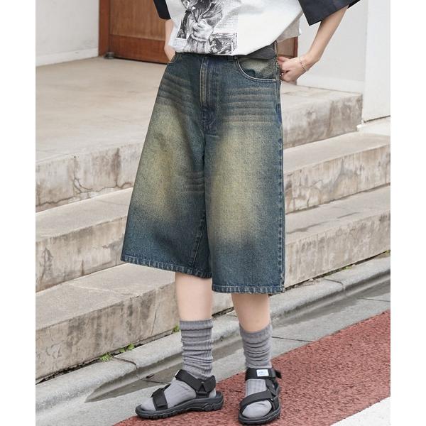ワイドパンツ ジーンズ デニム デニムパンツ ヴィンテージ加工 ジョーツ デニムショートパンツ レディース メンズ