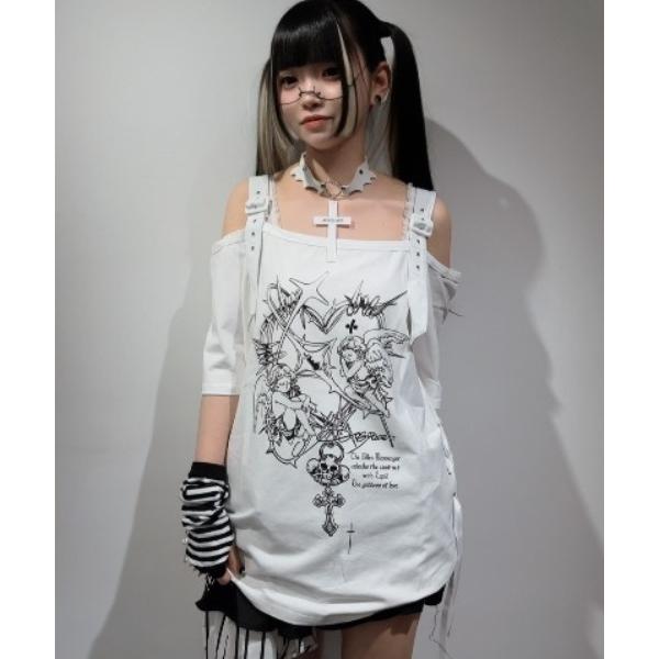 tシャツ 半袖 「AOSPACE」チョーカー付きオフショルプリントTシャツ レディース