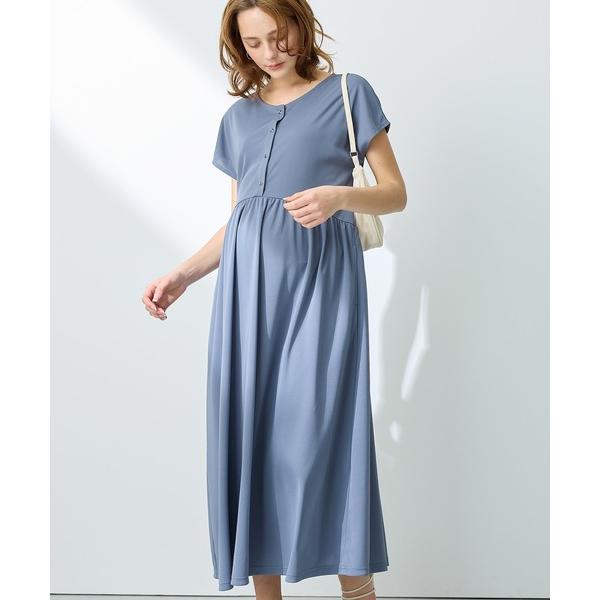 マタニティ 「接触冷感」スムース ウエスト切替フレアワンピース(マタニティ＆授乳服）授乳口付き 授乳楽々 妊婦服 産前・産後対応