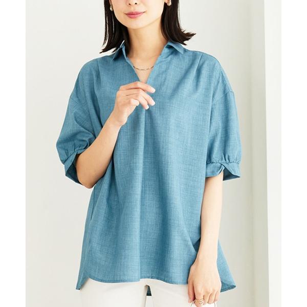 ブラウス シャツ 夏 半袖 袖タック麻調素材スキッパーブラウス レディース