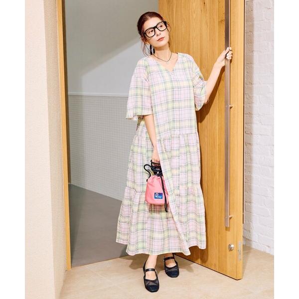 ワンピース 夏 半袖 「スザンヌさんコラボ」Suuチェックフレアスリーブワンピース
