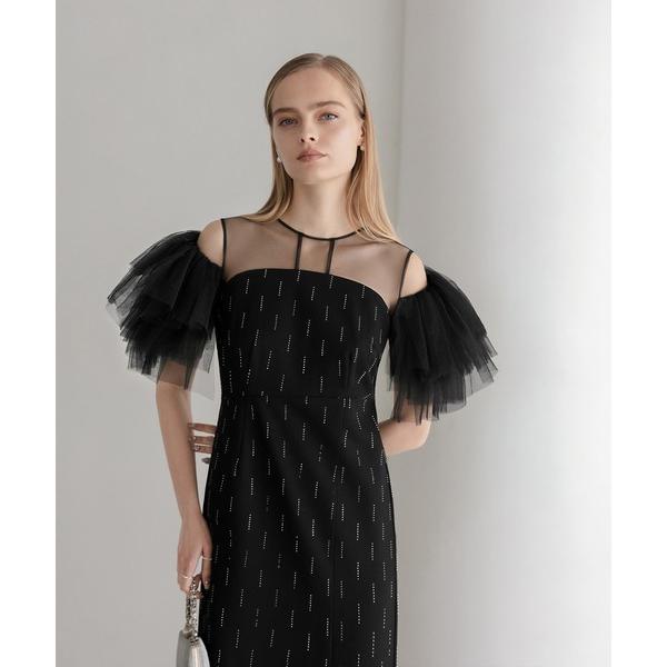 『セール実施中』ZOZO問い合わせ番号:95286816ショップ:Leja，レジャブランド:Leja，レジャ商品名:【LEJA】オープンショルダーチュールストーンIラインドレスワンピース美脚効果結婚式 パーティードレス 成人式 二次会 同窓...