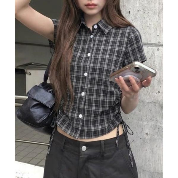 ブラウス シャツ 夏 半袖 サイドシェーリングチェックシャツ レディース