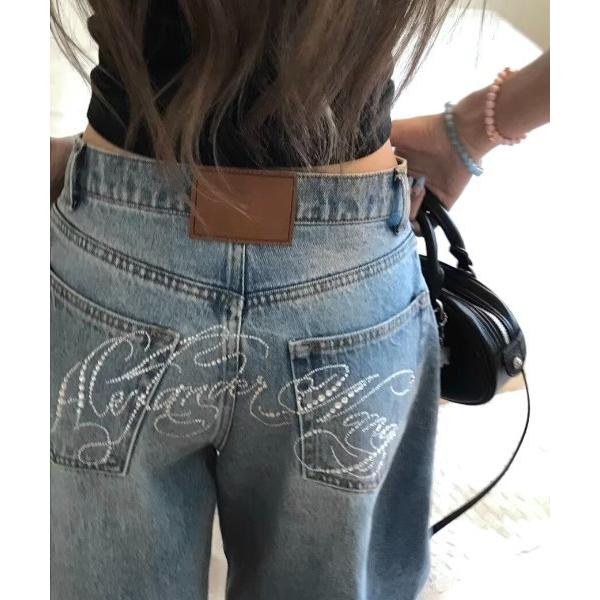 ジーンズ デニム デニムパンツ バックラインストーンロゴワイドデニムパンツ レディース