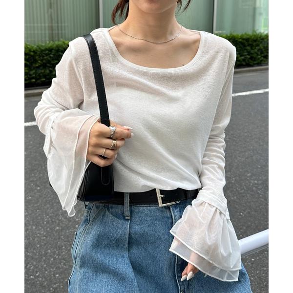 tシャツ フレアーチュール袖スラブシアープルオーバー レディース