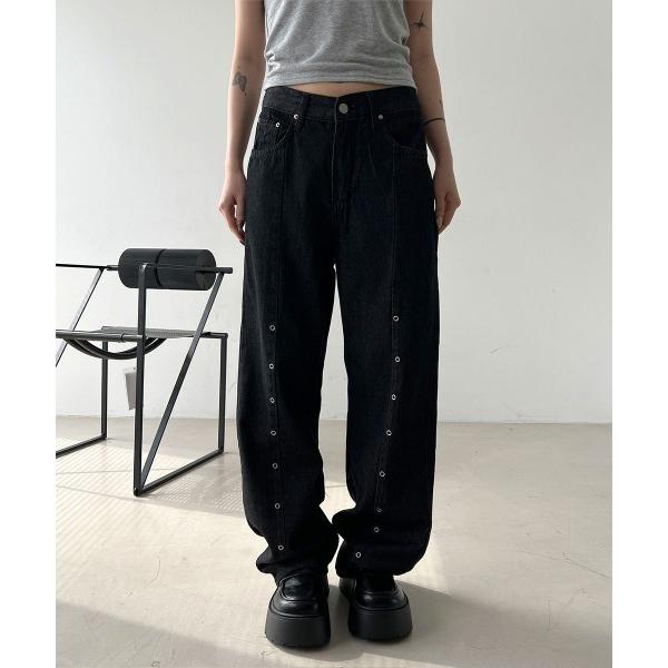 ワイドパンツ ジーンズ デニム デニムパンツ 「後ろウエストゴム」ハイウエスト リベットスタッズ ブラック デニム ワイドパンツ レディース